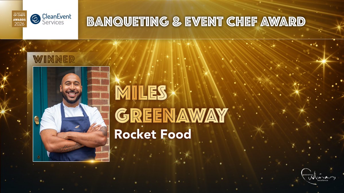Craft_Guild's tweet photo. And the next award is the Banqueting &amp; Event Chef Award which is sponsored by @_CEworld. The winner is Miles Greenaway from Rocket Food. #CGCawards https://t.co/T9uaCzw8eK