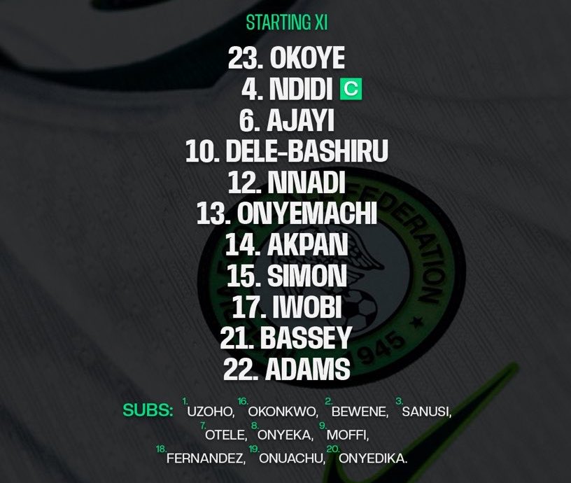 official_esclub's tweet photo. 🚨🇳🇬 TEAM NEWS 🇳🇬🚨

Maduka Okoye starts in goal while Calvin Bassey leads the defence as Eric Chelle names his starting XI to face Portugal 🔥🦅 https://t.co/YXVka6BYs4
