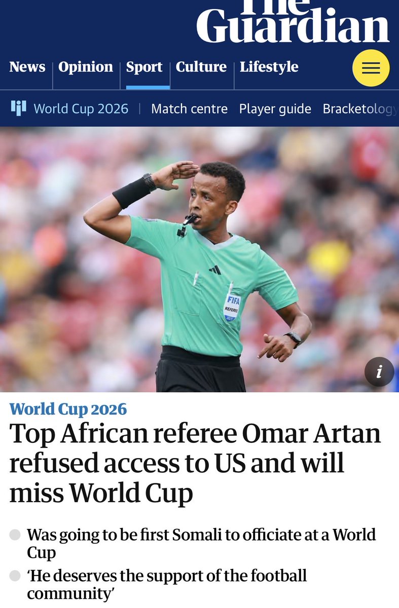 inaxusein's tweet photo. Can someone explain why the @CAF_Online (Confederation of African Football) has not issued a press statement regarding the exclusion of #Somali referee #OmarArtan from the 2026 #FIFA #WorldCup? @CAF_Media @_Africafootball @SkyFootball @football_refs @guardian_sport https://t.co/5dH2CxUGTs