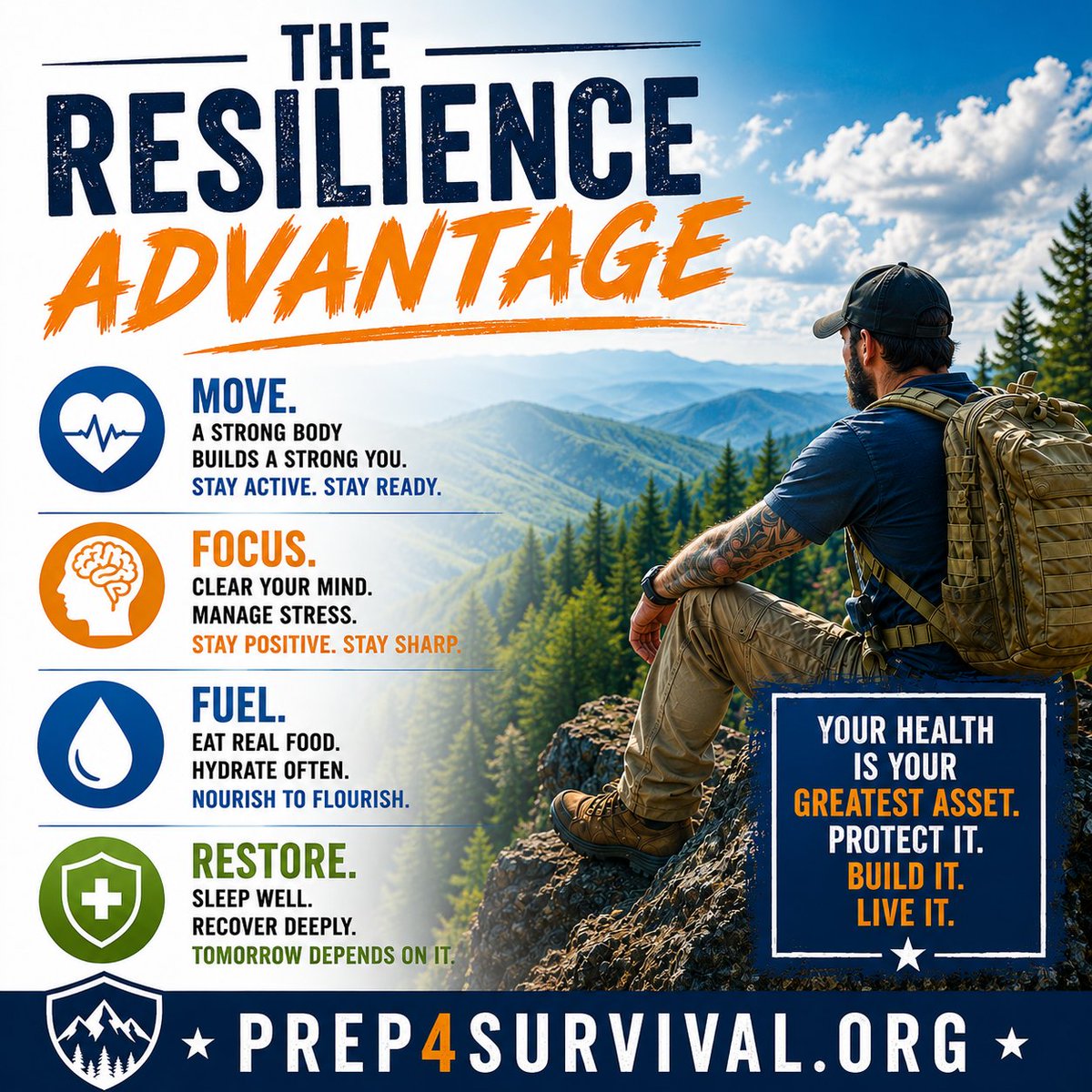 prep4_survival's tweet photo. Preparedness isn't just about gear.

It's about the condition of the person carrying it.

- Move your body.
- Focus your mind.
- Fuel yourself with real food and water.
- Prioritize recovery and sleep.

Your health is one of the few assets that affects every area of your life and the truth is, it's much easier to maintain than it is to rebuild.

If you could improve just ONE area this week; fitness, mindset, nutrition, or sleep, which would you choose and why?