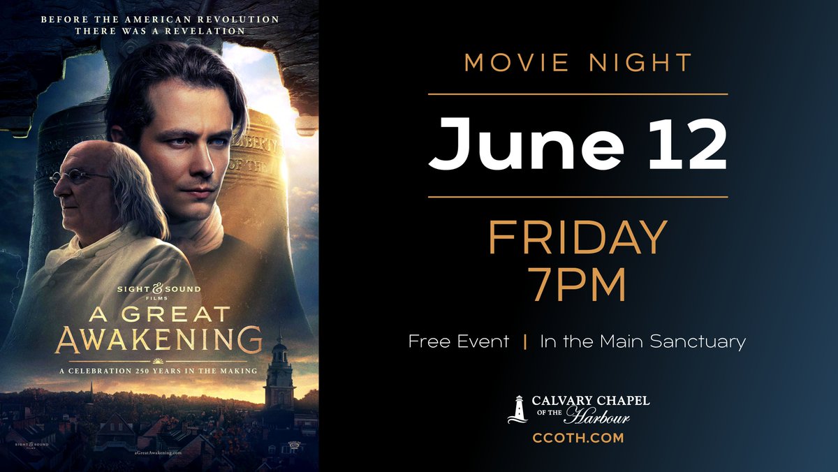 CCOTHarbour's tweet photo. Join us for our Movie Night on Friday, June 12th!

In honor of our country's 250th anniversary, this historical film explores the unlikely friendship between Reverend George Whitefield and Benjamin Franklin, and how Whitefield's sermons sparked a great spiritual revival that united the American colonies, with Franklin as a key promoter.

Doors Open at 6:30pm
Seating on First Come Basis