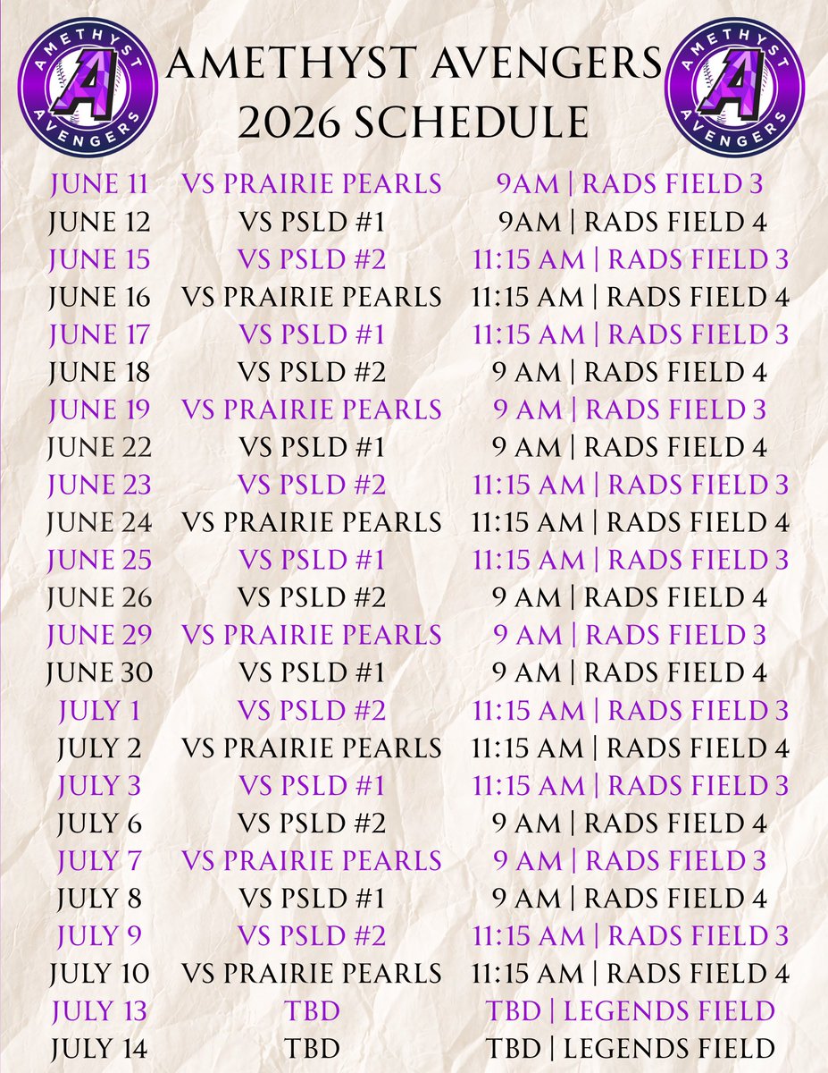 MGCLsoftball's tweet photo. 🗓️Mark your calendars—the wait is over! The Midwest Gem Collegiate League starts tomorrow🔜

The Amethyst Avengers and Prairie Pearls are ready to take the field. Check out each team’s schedule below and start planning your summer of softball!🥎 https://t.co/W37iWDcJHm