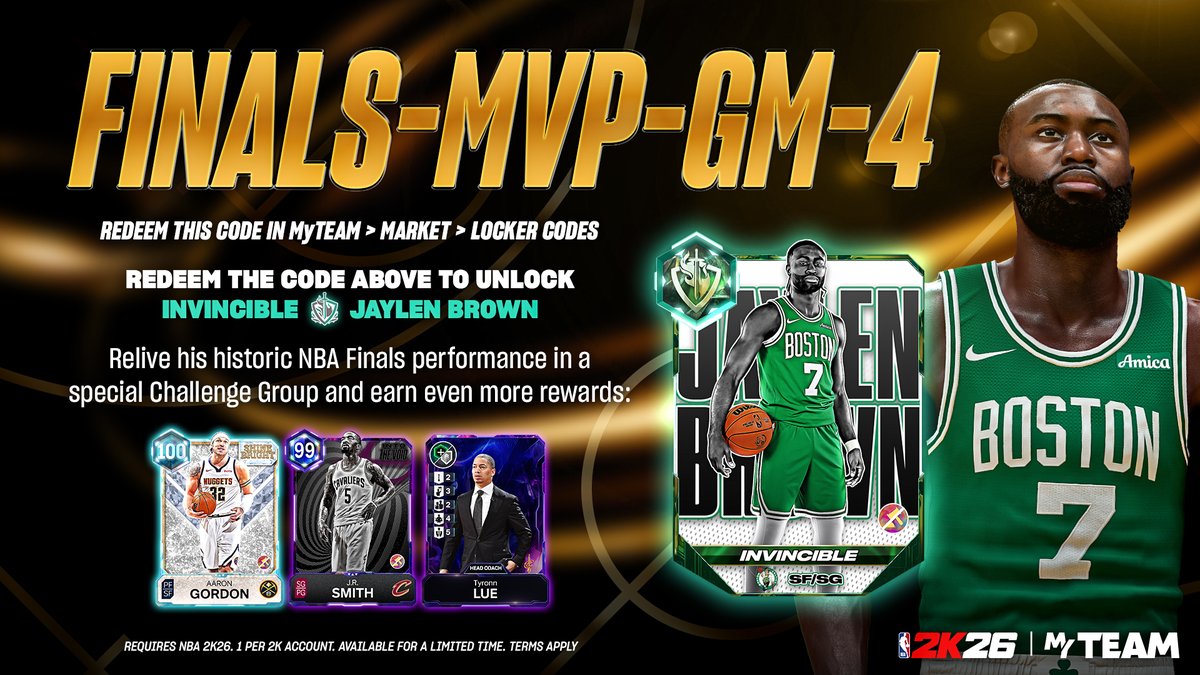 NBA2KMyTEAM's tweet photo. 🏆 4 games. 4 Locker Codes. The NBA Finals continue in MyTEAM.

Redeem Locker Code FINALS-MVP-GM-4 for 🛡️ Invincible Jaylen Brown, then relive his Finals performance in a special Challenge Group to earn:
🌌 Dark Matter J.R. Smith
💯 OVR Aaron Gordon
👔 Dark Matter Coach Tyronn Lue

How many games do YOU think this series goes? 👀