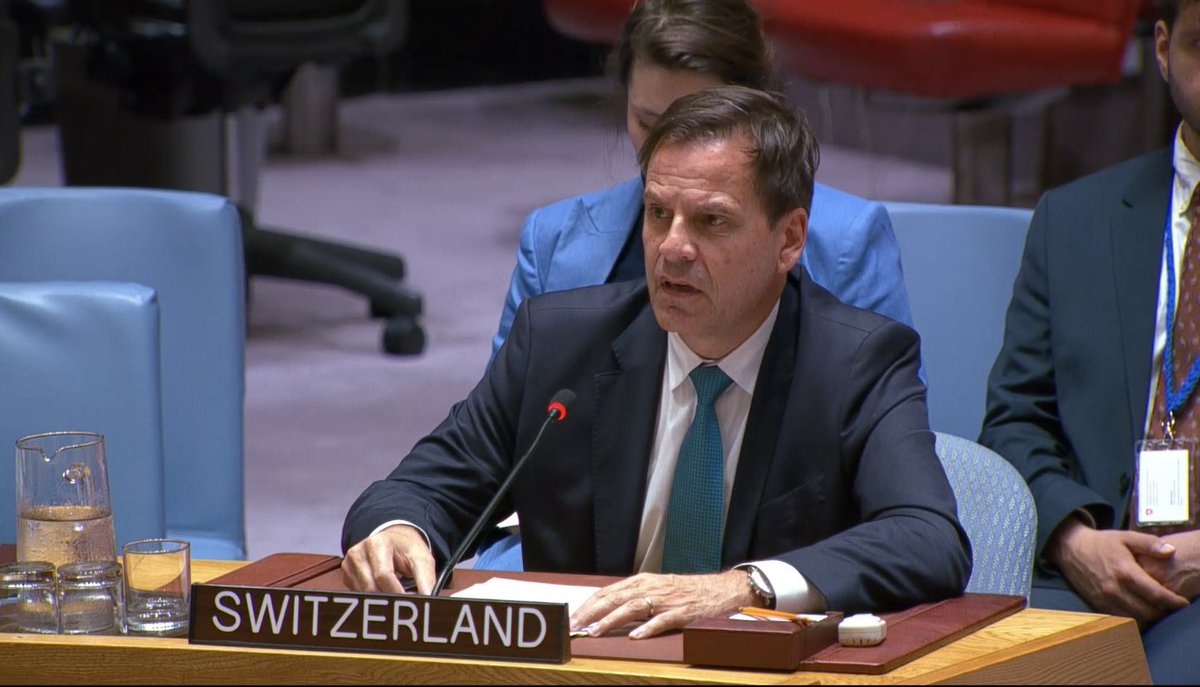 swiss_un's tweet photo. #UNSC Open Debate on Advancing Peace in the Middle East:🇨🇭reaffirmed its support for political solutions based on UN Charter &amp; int’l law. Attacks against civilians &amp; infrastructure must stop. Ceasefires must be respected. Inclusive and locally backed dialogue &amp; mediation are key. https://t.co/iE7HRP5qOx