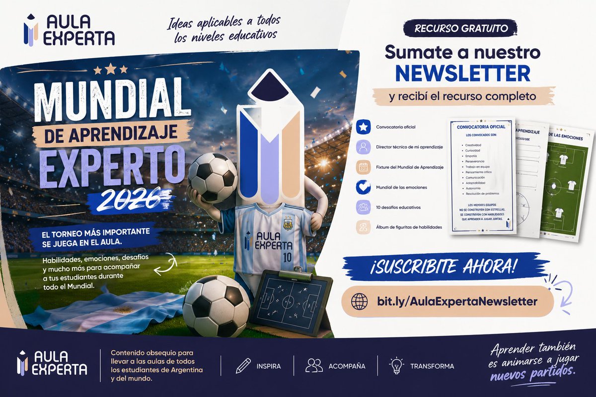 aulaexperta's tweet photo. ⚽ El Mundial ya empezó... y en Aula Experta también.
Creamos un recurso GRATUITO para docentes:

🏆 Mundial de Aprendizaje Experto 2026

🎁 Sumate al newsletter:

🔗 https://t.co/G5YO5YadwR

#Educacion #Docentes #Mundial2026 https://t.co/rBJSaJ1Kv7