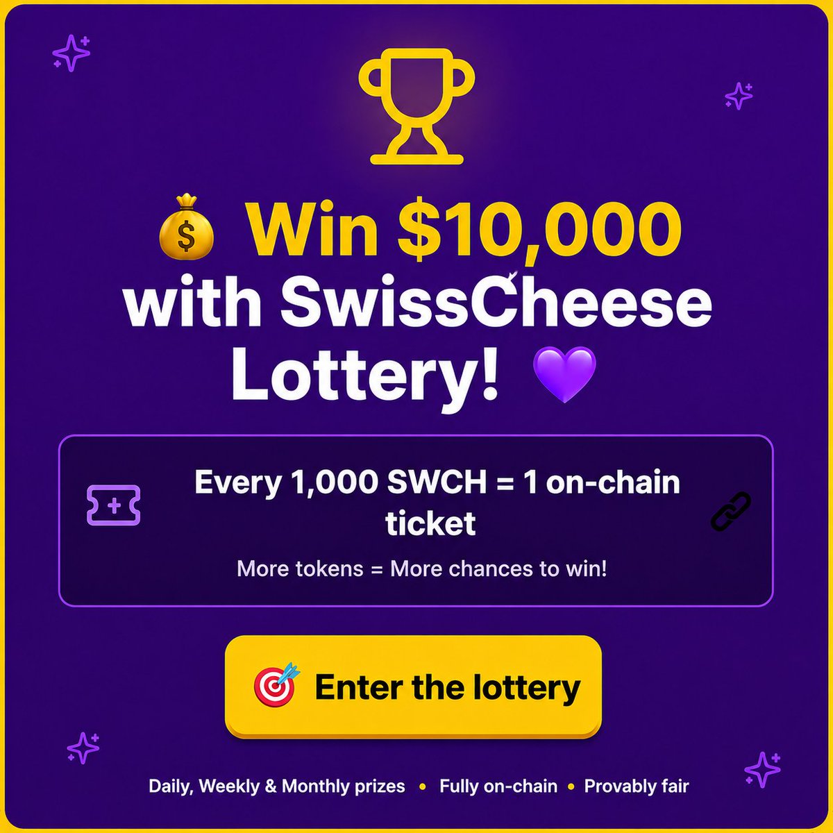 Swisscheese_fn's tweet photo. 🎟 Your $SWCH could be worth more than you think.

Every 1,000 SWCH held gives you 1 on-chain lottery ticket.

Up to $10,000 in prizes
 Fully on-chain
Provably fair

More SWCH. More chances.

Try your luck:
https://t.co/B8VwbeZ4y0 https://t.co/HL6qMK4dXc