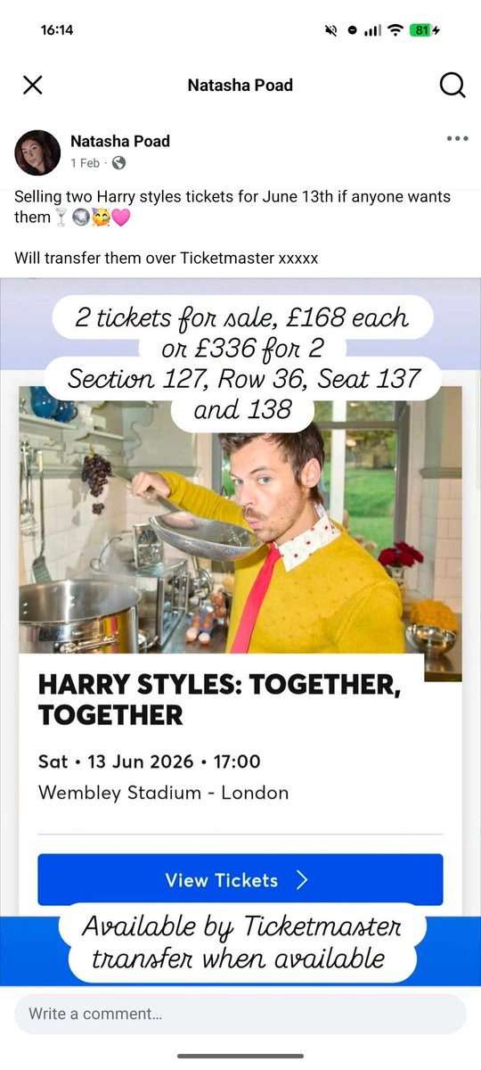 natashapoadxx's tweet photo. @seasontwosue My tier one seats are up for £336 (for two tickets) more than happy to negotiate price because I just want some money back😭 https://t.co/kum61NjKZU