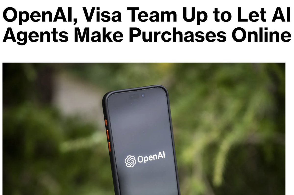 wallstengine's tweet photo. Visa and OpenAI are expanding their partnership to let AI agents make online purchases after user permission.

$V payment services will be integrated into OpenAI’s platform so retailers can accept agent-driven transactions.

Visa says the goal is trusted, secure, and seamless payments as AI agents become active participants in commerce.