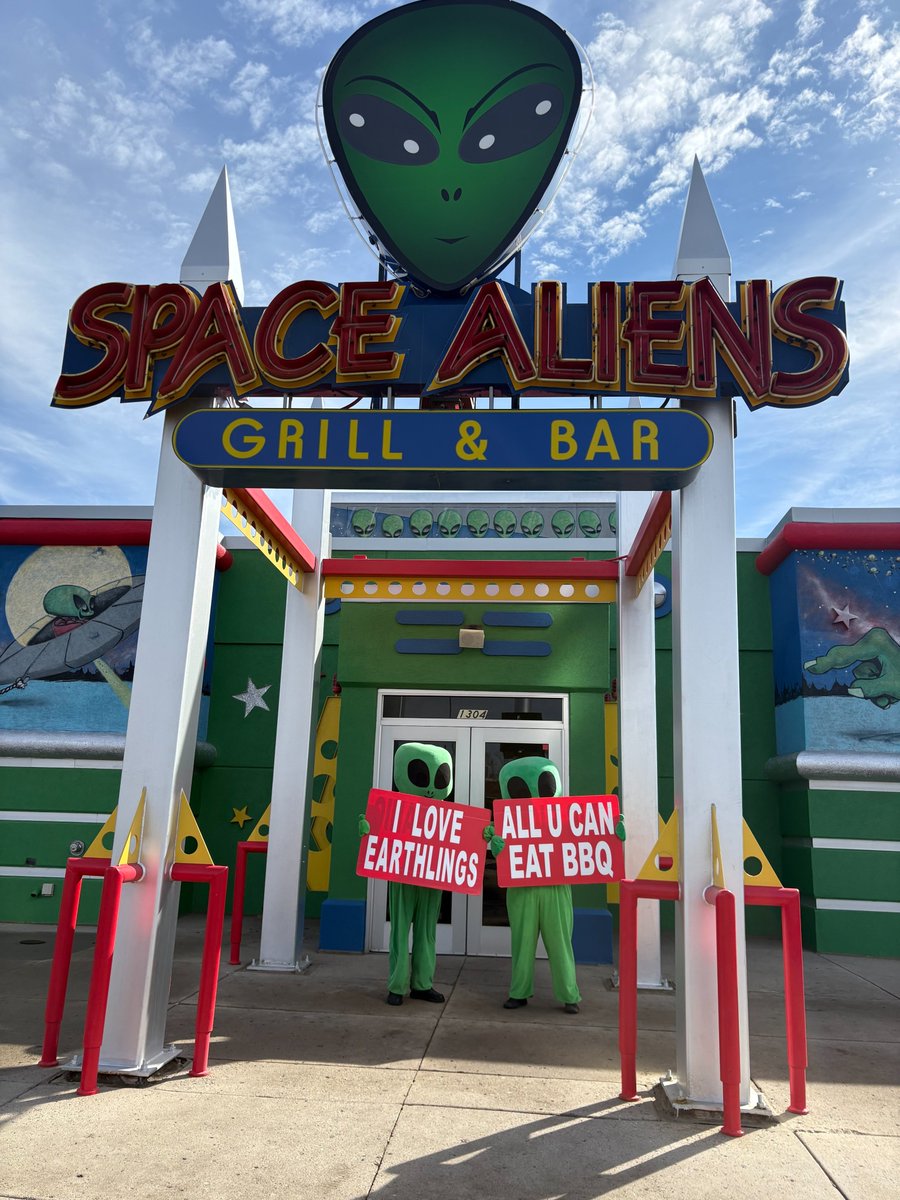 SpaceAliensMN's tweet photo. Who do you call when All You Can Eat BBQ drops? 🍖👽

No limits. Just plates on plates on plates.

Tag that one person who'd clear the whole spread before you even sat down. ⬇️

#SpaceAliens #AllYouCanEat #BBQTime #Foodies #GalacticEats https://t.co/aBgjcmQHHw