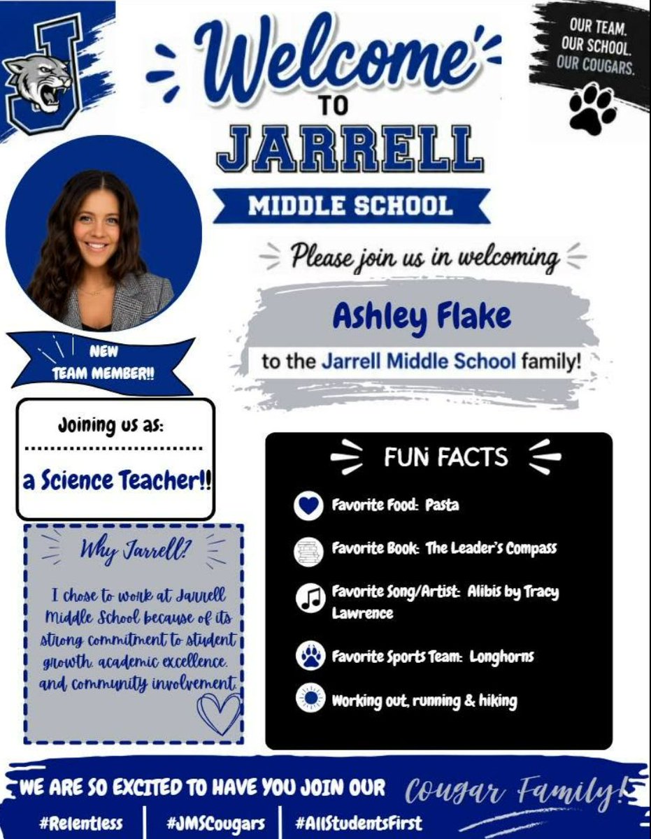 jisdstudents's tweet photo. Please join us in welcoming Ashley Flake to the Jarrell Middle School family! We are excited to have her join our team and look forward to the positive impact she will make on our students and school community. https://t.co/Po5ieF6wq2