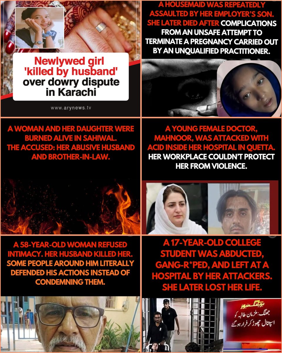 etherofsorrow's tweet photo. These incidents happened in just 1 week in Pakistan. do u still think women don’t need rights, protection, &amp; justice?
So when people say “women’s rights are an agenda” what exactly are they rejecting?
The right to say no?
The right to live safely?
The right to exist without fear? https://t.co/DIyoHuRP8N