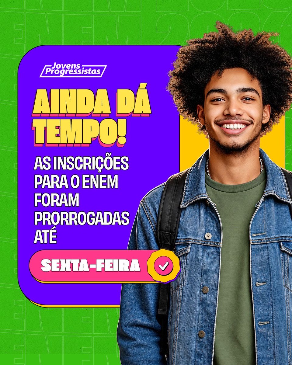 jovensprogre11's tweet photo. Se você ainda não se inscreveu no ENEM, ganhou mais alguns dias para garantir sua participação. O prazo foi prorrogado e as inscrições seguem abertas até a próxima sexta-feira. O exame será aplicado normalmente nos dias 8 e 15 de novembro.

Faça sua inscrição. https://t.co/vVe0Fi2v4F