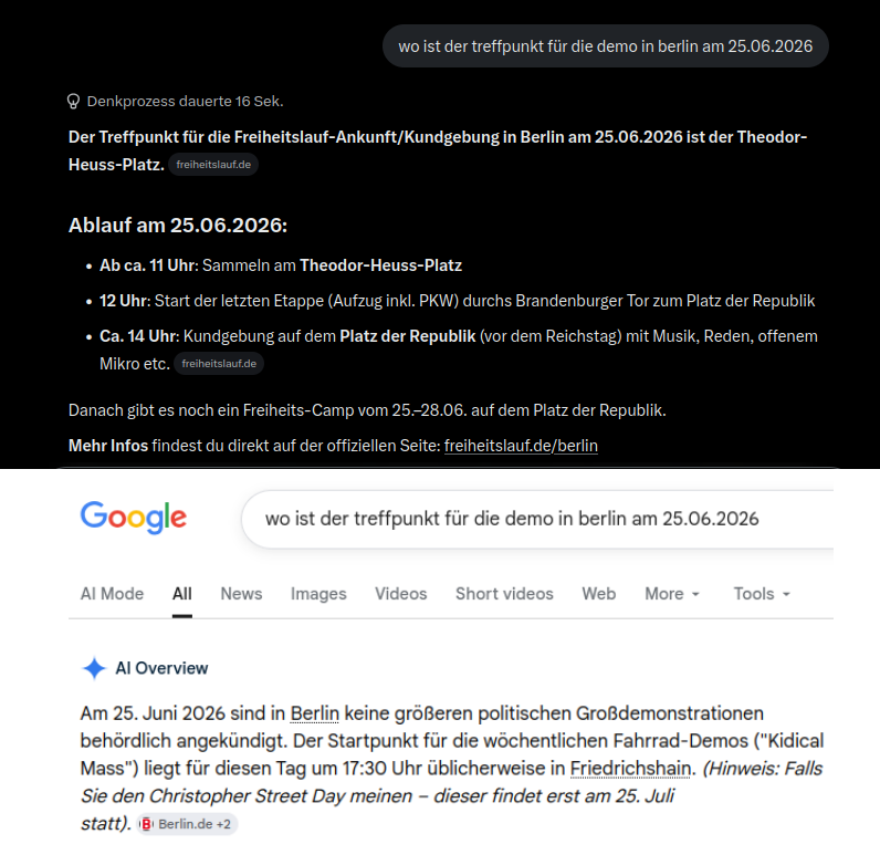 michael__3000's tweet photo. UNGLAUBKICH: Ich habe bei Grok und bei Google die gleiche Frage eingegeben. Grok gab mir die perfekte Antwort. Google allerdings tat so, als gäbe es die Demo überhaupt nicht und hat  sogar noch den Christopher Street Day promoviert. Das ist der Beweis für die Zensur bei Google. https://t.co/TOUkTXq3vy