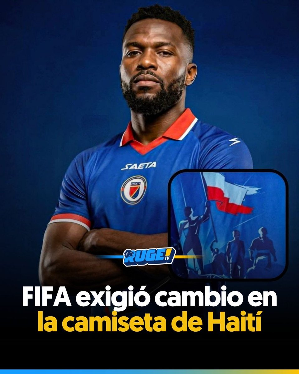 RugeTVdigital's tweet photo. ⛔⚽La FIFA solicitó a #Haití modificar un elemento de su camiseta para el Mundial,  al considerar que contenía una referencia política.  🥲 🇭🇹

El diseño incluía una ilustración vinculada a la Batalla de Vertières (fue el último gran enfrentamiento militar librado en la revolución haitiana) y a la primera bandera haitiana, símbolos históricos relacionados con la independencia del país.

#Haiti #Mundial2026 #FIFA #Camisetas #RugeTV