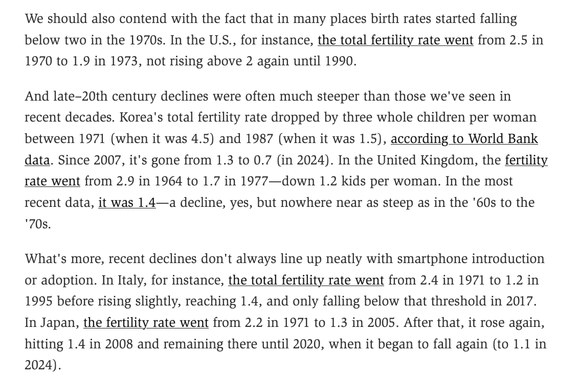 ENBrown's tweet photo. P.S. We should also keep in mind that fertility rate drops below 2 are not a super recent development in many places! 

Many dips started in the 1960s and '70s and were much steeper late last century than post iPhone https://t.co/cikJTU817r
