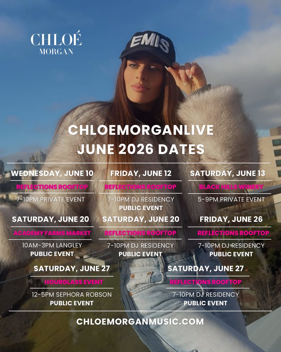 chloemorganlive's tweet photo. ✨ June 2026 Live Dates ✨
Check out the schedule and mark your calendars to catch me live this month at these events! 🗓️🎵✨
Tag your crew, save the dates, and come party with me!
See you there 🤍
#ChloeMorganLive #live #publicevents https://t.co/enQ2jQRHAf