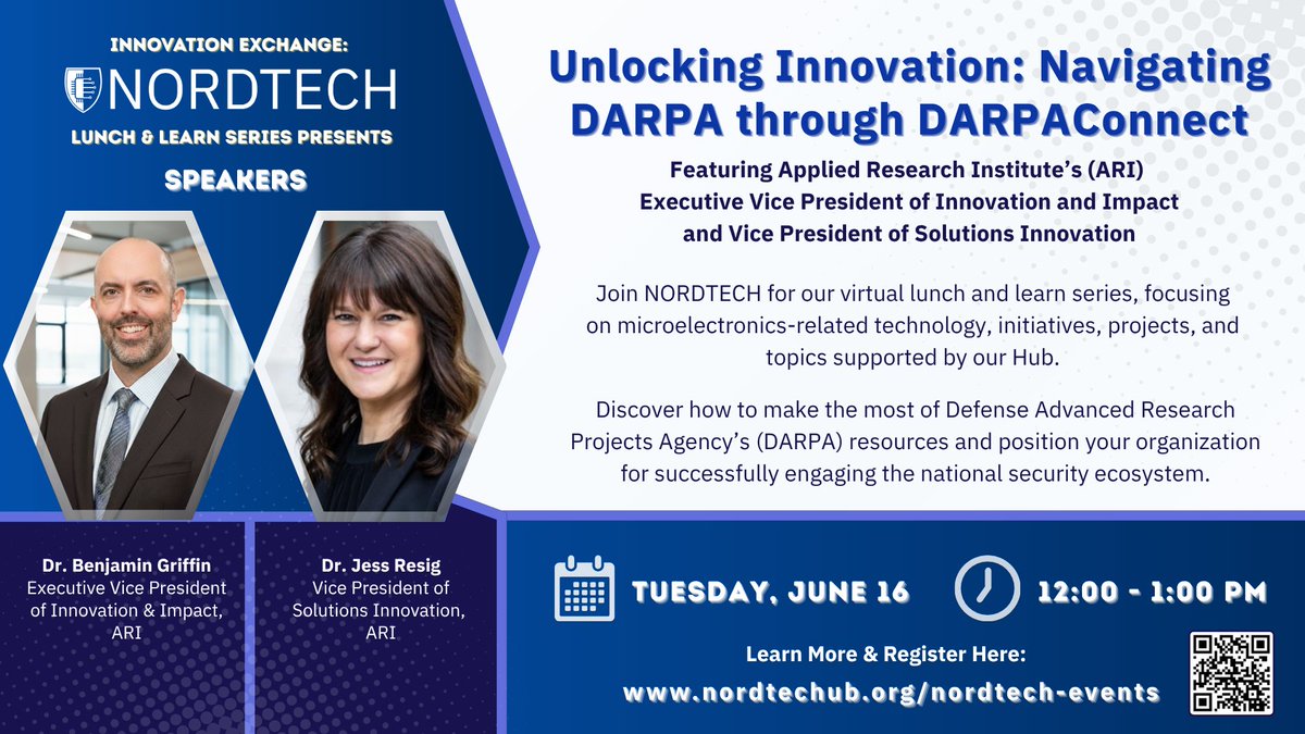 NORDTECHub's tweet photo. 📢 Reminder: Navigating DARPA – June 16 | 12–1 PM

Want to work with @DARPA? Learn how to use DARPAConnect at our @NORDTECHub Lunch &amp; Learn webinar. Featuring Dr. Benjamin Griffin and Dr. Jess Resig from @ARI_Innovation. 
🔗 Register: https://t.co/Sy0rWSc5TY https://t.co/MAu4IhLkWe