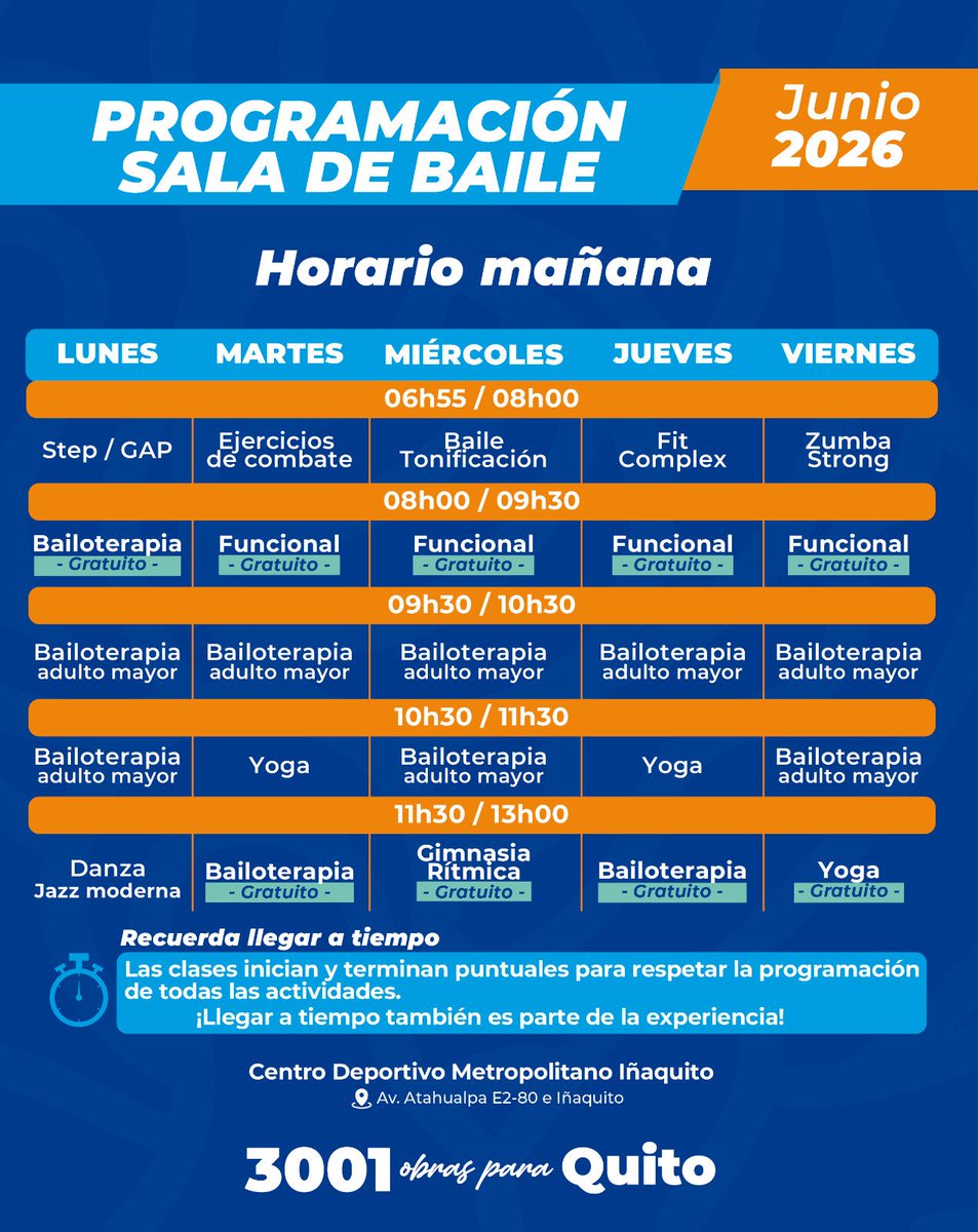 DeporteQuito's tweet photo. 🎉 #QuitoNosActiva | Muévete, disfruta y cuida tu salud este junio en la Sala de Baile del Centro Deportivo Metropolitano Iñaquito, CDMI.

🎶 Bailoterapia y actividades físicas guiadas
📅 Revisa la programación y súmate.

#QuitoRenace https://t.co/K9npuydNyq