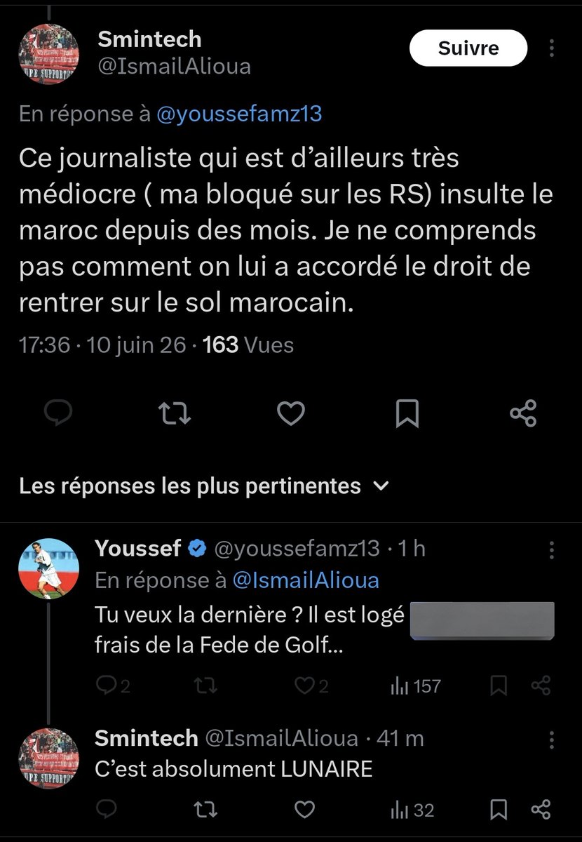 sane932's tweet photo. Ce crétin continue de donner des informations concernant l'hôtel où loge Aziz Bane, incitant ainsi des imbéciles comme lui à aller l'attaquer. Nous restons en veille si quelque chose arrive à Aziz, qui est présentement au Maroc pour couvrir une compétition de golf. @youssefamz13 sera tenu comme responsable.

Crétin, nous t'avons à l'œil.