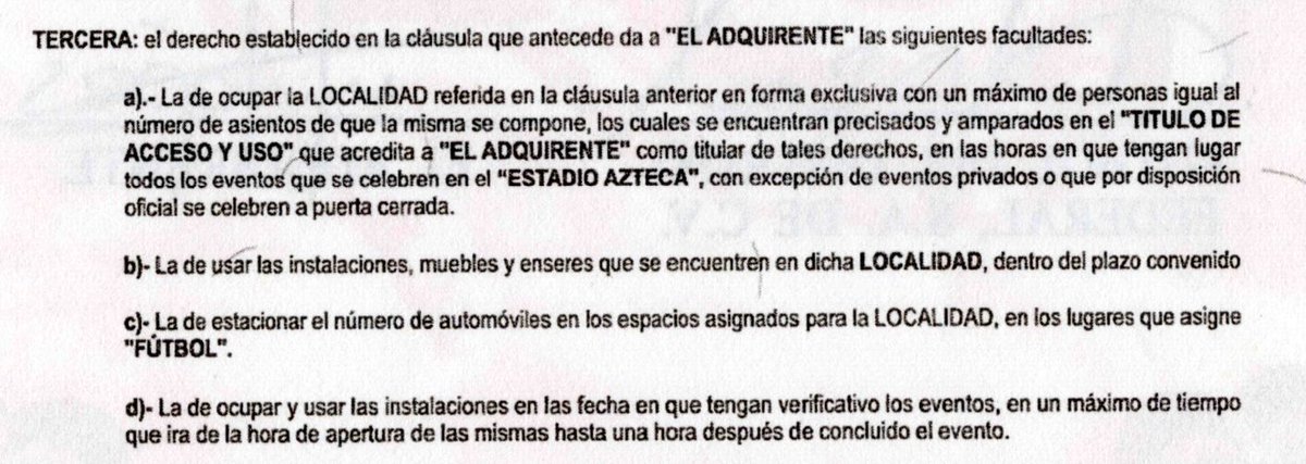 JSalinas's tweet photo. En ningun lado dice que pueden meter alimentos y bebidas. Este es un estracto del contrato original de venta entre Futbol del Distrito Federal y palcohabinetes. En el documento completo jamás se menciona ese beneficio... ¿entonces? https://t.co/DMq8EtsSi8