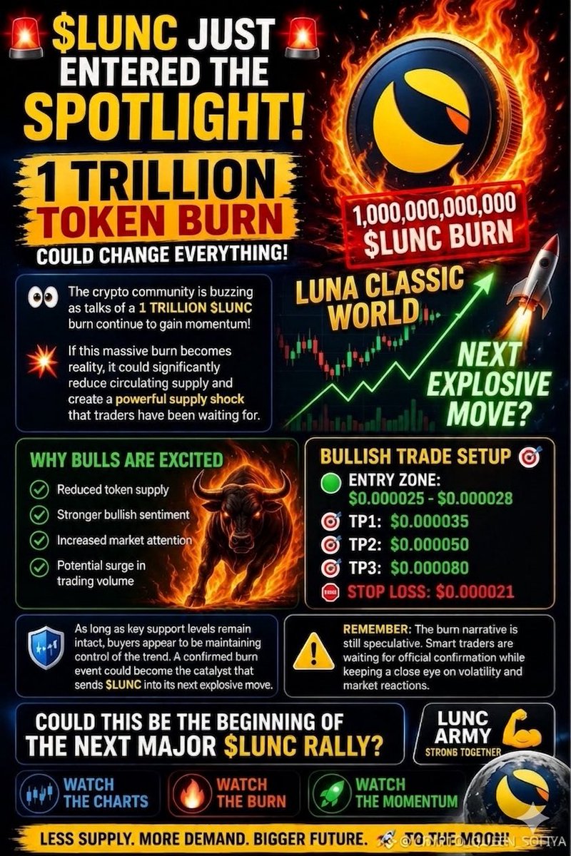 LunaClassWorld's tweet photo. 🚨 $LUNC IN THE SPOTLIGHT! 🚨

Get ready for a potential turning point! Rumors of a massive burn of 1 TRILLION $LUNC tokens are heating up the crypto community! 👀🔥🚀🌕

#LUNCcommunity
#LUNC #USTC #LCW #BURN #Krypto #CryptoNews #Bullish #Burn #Invest #HODL #CryptoCommunity #Moon https://t.co/AsuBFEP458