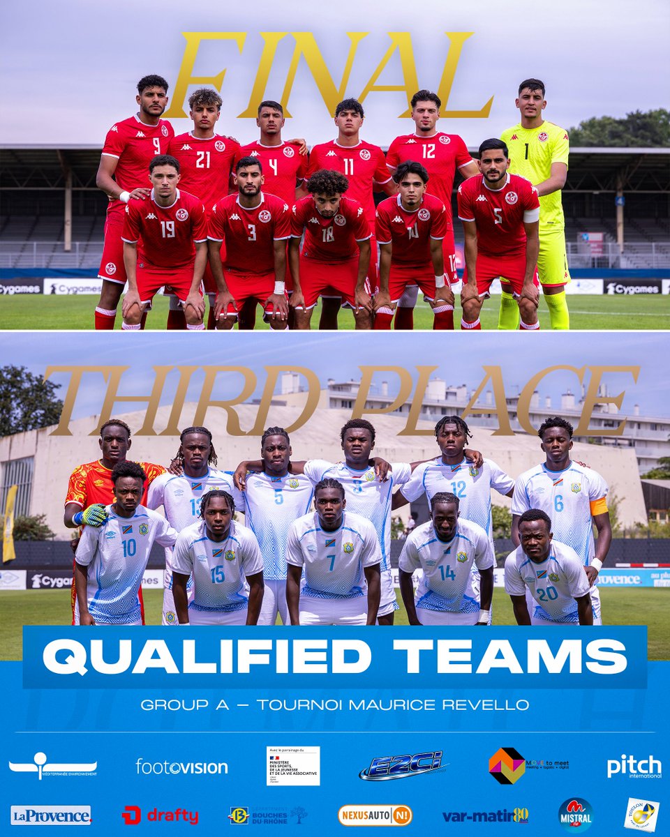 TournoiMRevello's tweet photo. ✅ 𝗤𝗨𝗔𝗟𝗜𝗙𝗜𝗘𝗗

Tunisia 🇹🇳 will play the 𝐅𝐈𝐍𝐀𝐋 𝐎𝐅 𝐓𝐇𝐄 𝐓𝐎𝐔𝐑𝐍𝐀𝐌𝐄𝐍𝐓 🏆

DR Congo 🇨🇩 will play the 3rd place playoff 🥉

#TMR2026 https://t.co/lzF6EIc9zy