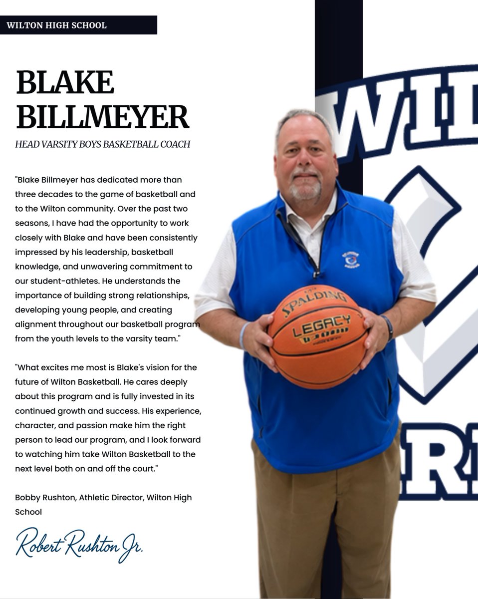 WiltonAthletics's tweet photo. Wilton High School Athletics is proud to announce the hiring of Blake Billmeyer as the next Head Coach of our Varsity Boys Basketball program.

Please join us in welcoming Coach Billmeyer. We look forward to the next chapter of Wilton Basketball under his leadership. https://t.co/T9hq1b5GIH