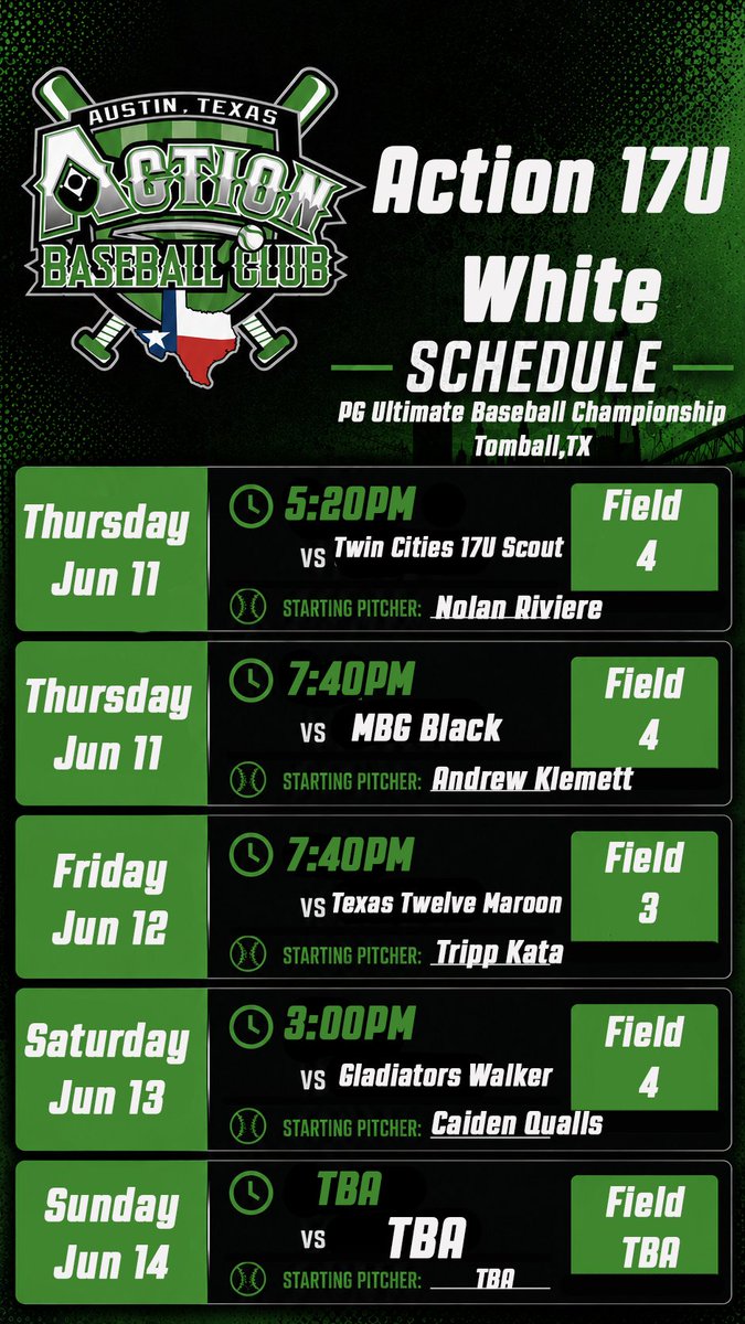 ActionBaseball's tweet photo. ⚾️ 17U WHITE IS BACK IN ACTION ⚾️
Our 17U White squad is gearing up for another weekend of competition as they hit the road for their upcoming tournament. 🔥
Good luck to our players and coaches as they take the field this weekend. Let's get after it! 💪⚾ https://t.co/4sezo1xSwP