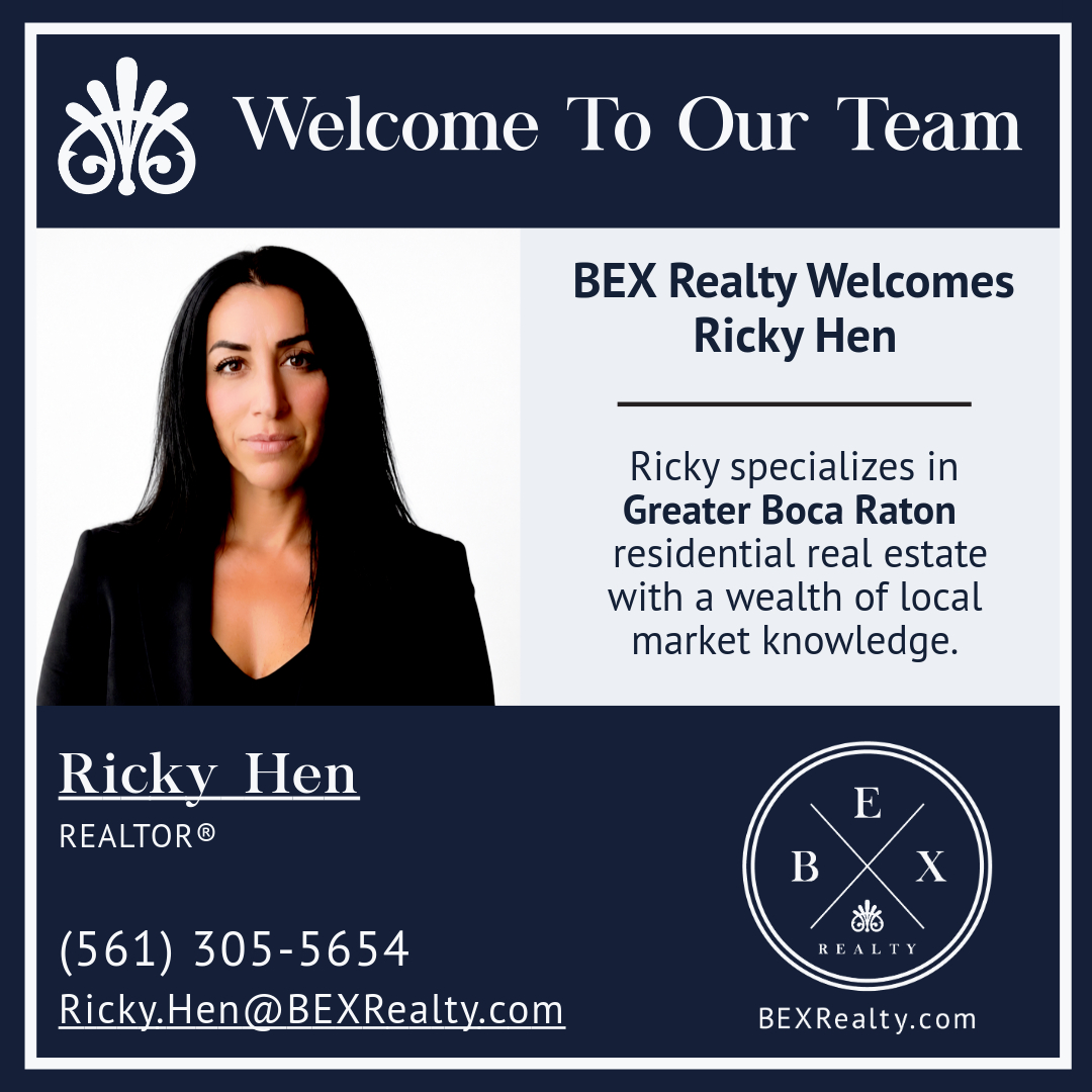 BEXRealty's tweet photo. BEX Realty is excited to welcome Realtor, Ricky Hen! Known for her integrity, dedication, &amp; client-first approach, she specializes in the Greater Boca Raton area, with expertise in gated communities, new construction, &amp; waterfront homes. #BEX #BEXRealty 
https://t.co/m7frtZDfCz https://t.co/Xi9nvyxDdA
