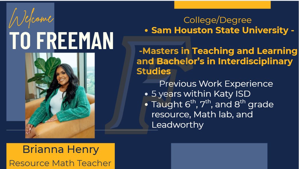 MalloryJanak's tweet photo. Welcome Ms. Brianna Henry to Freeman High School for the 26-27 school year. We are so excited to have you join the Golden Eagles as a resource math teacher. 
@GoldenFHSEagles https://t.co/CtxqrpIGJN