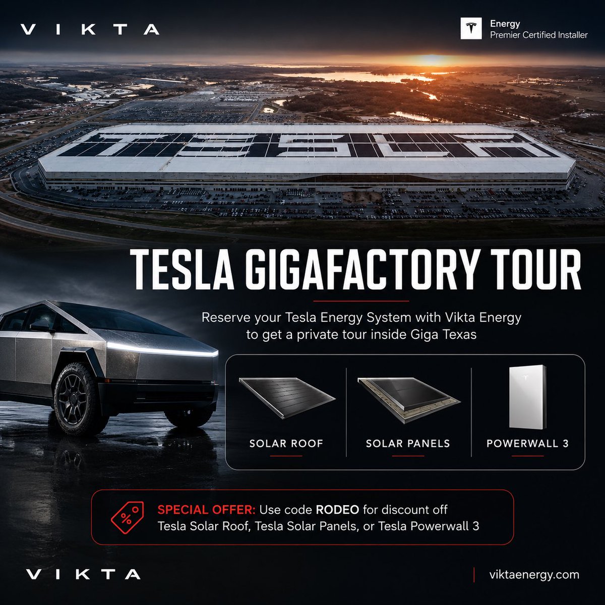 AustinTeslaClub's tweet photo. A big thank you to Vikta Energy for sponsoring the 3rd Annual Cybertruck Rodeo! ⚡🤠

Looking to power your home with Tesla Energy? Vikta Energy offers Tesla Powerwall 3, Solar Panels, and Solar Roof solutions.

Use promo code RODEO for exclusive savings, and qualifying customers may receive a private tour inside Gigafactory Texas.

Visit: https://t.co/QPiDJSTQGm

Thank you, Vikta Energy, for supporting the Tesla Owners Club of Austin community!

#CybertruckRodeo #TeslaOwnersAustin #TeslaEnergy #Powerwall3 #SolarRoof #SolarPanels #GigafactoryTexas #ViktaEnergy #Cybertruck