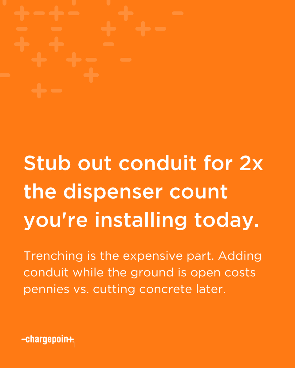 ChargePointnet's tweet photo. The cheapest port you'll ever install is the one you stub conduit for today and energize in 2027. 🚧

Always stub out for at least 2x the dispenser count the customer is buying today. The trenching is the expensive part — adding conduit while it's open costs pennies on the dollar vs. cutting concrete in year three. The same logic applies to transformer pad sizing.

The sites that scale easiest are the ones that planned ahead.

#EPC #Construction #EVCharging #DCFC