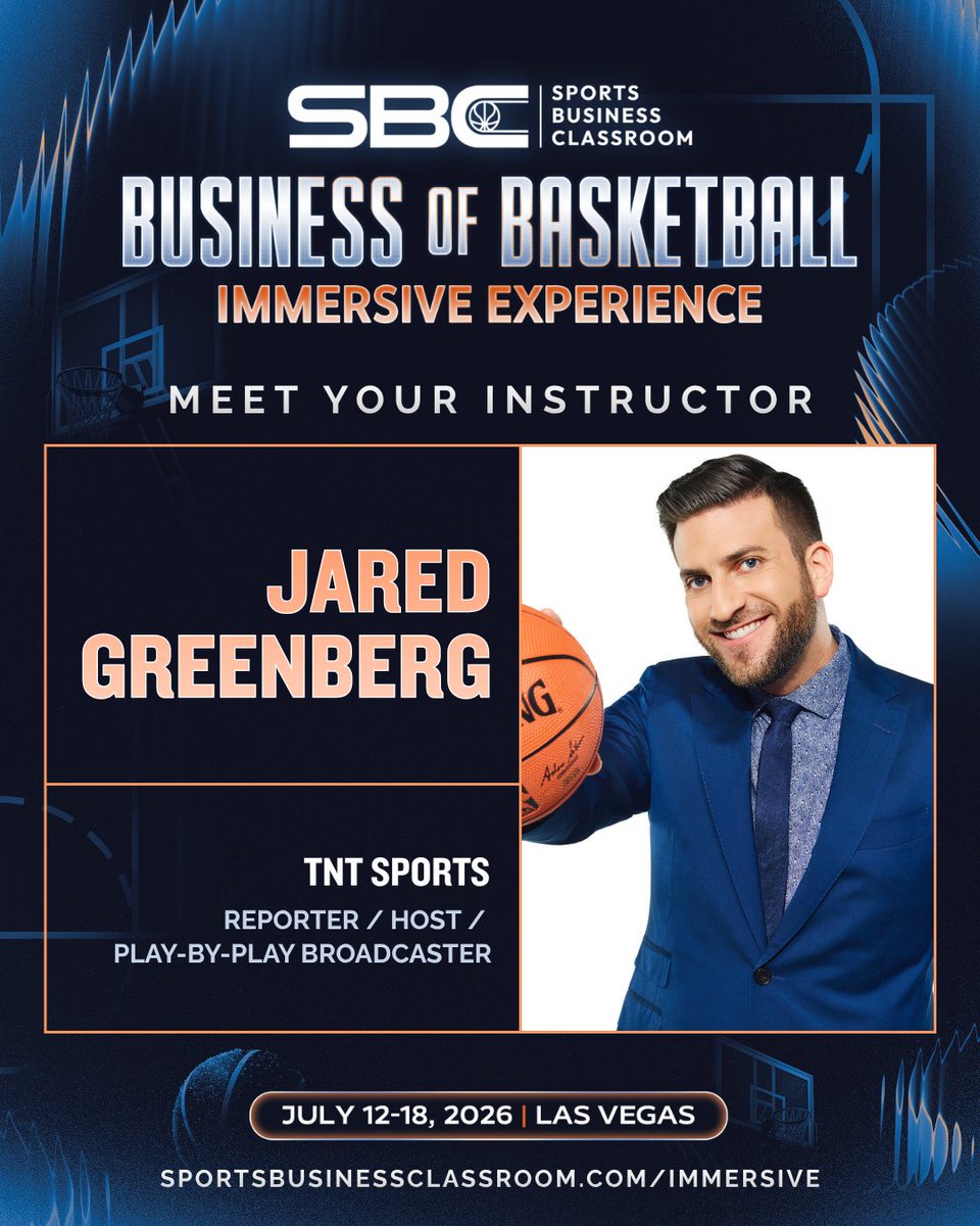 SportsBizClass's tweet photo. 📣 Jared Greenberg is joining the 2026 SBC Business of Basketball Immersive Experience!

A TNT Sports reporter, host, and play-by-play broadcaster, Jared brings years of experience covering the game at the highest level. 🏀🎙️

#SBC2026 #BreakIntoBasketball #NBASummerLeague https://t.co/7UoRG9JkHY