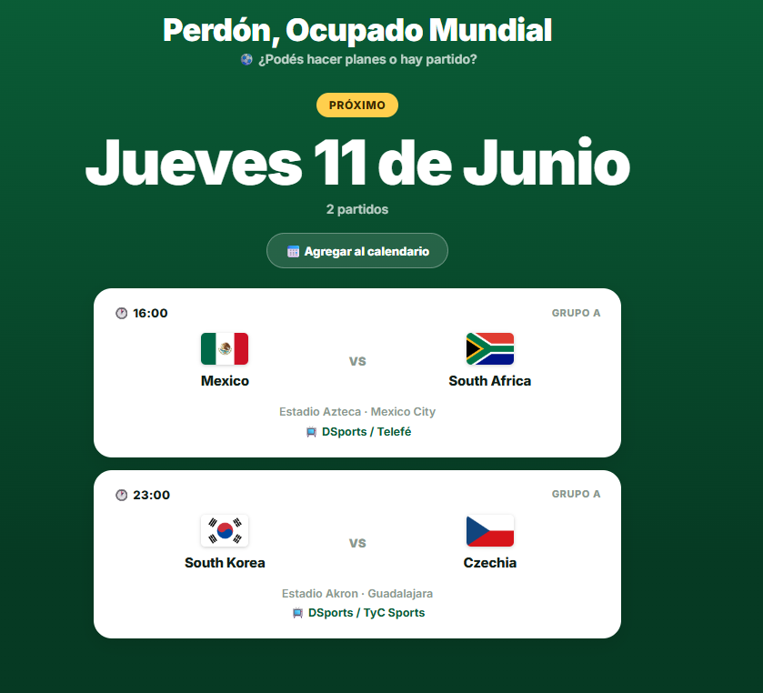 fclarat's tweet photo. Hice una pequeña web para el mundial para ver que partidos hay HOY y si podes o no armar planes:

Perdón, Ocupado Mundial. 
https://t.co/ib76zDI8nC

#mundialdefútbol  #mundial https://t.co/9aP0cC94XX