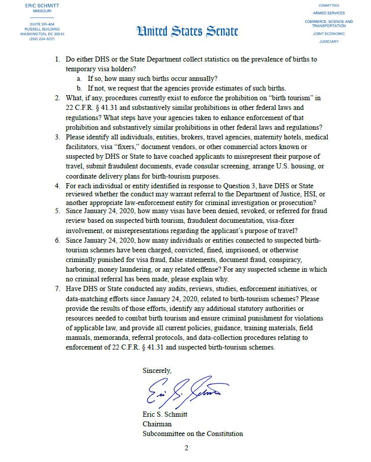 SenEricSchmitt's tweet photo. Birth tourism is an assault on American citizenship.

I have been coordinating with the Trump Administration to shut these citizenship fraud schemes down.

Now I am calling on the State Department and DHS to take proactive steps to prosecute law breakers. https://t.co/3cnb6LB5MO https://t.co/kXDbLwjYux