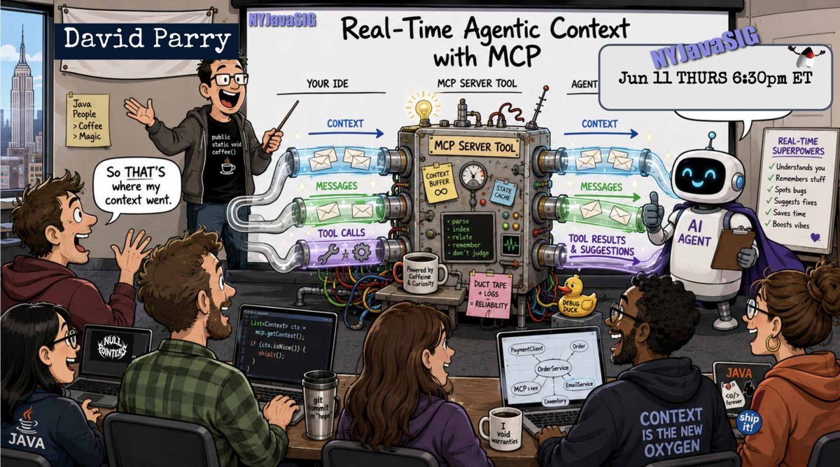 nyjavasig's tweet photo. reminder that our next meeting is tomorrow. See you there! 

You'll learn how MCP works by building your own Java MCP server tool from scratch and creating an agent that uses it to deliver real-time, context-aware assistance directly in your dev workflow.

https://t.co/rh2P3Mqw6k https://t.co/Fl2H8IkxOH