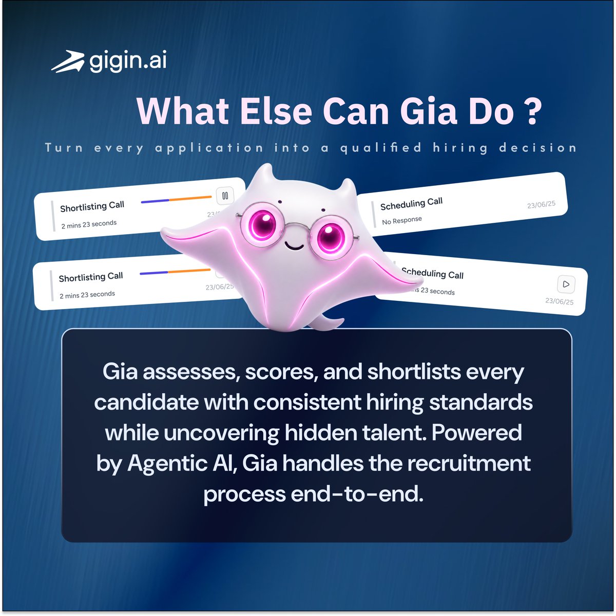 gigin_ai's tweet photo. Every applicant. Every assessment. Every time.
Gia screens, scores, and shortlists candidates in minutes.
Powered by Agentic AI. 🚀
@surinderbhagat @gursharansing21
#AgenticAI #HRLeaders #RecruitmentTechnology https://t.co/5WnHQvvuzx