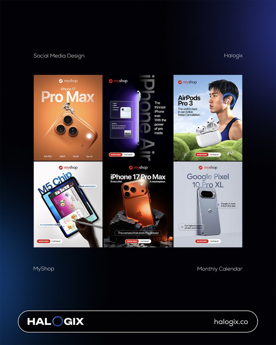 HalogixLLC's tweet photo. Social Media Designs for MyShop 📱

A content direction focused on showcasing premium tech products through bold visuals, clean layouts, and engaging product-first storytelling. https://t.co/hc4yHnsSPt