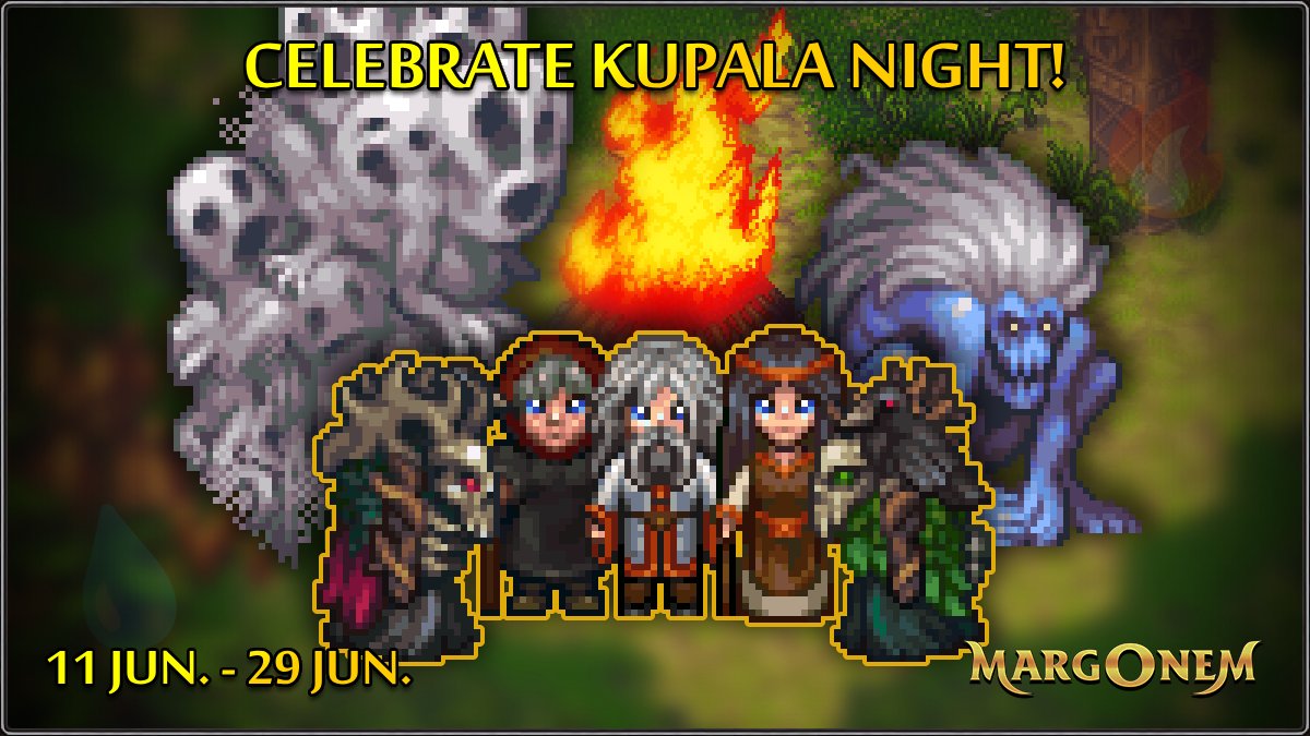 margonemcom's tweet photo. Vacation? Just around the corner! But first... it's time to celebrate Kupala Night! 🌒 This year, the residents of Birchwood invite you to join the festivities. 🌳☀️ Rumors are spreading across the land, however, that the local evil spirits may try to disrupt the celebrations... 👻

#MargonemCOM #2d #2dgame #mmo #rpg #pixelart #game #online #kupalanight #kupala #event