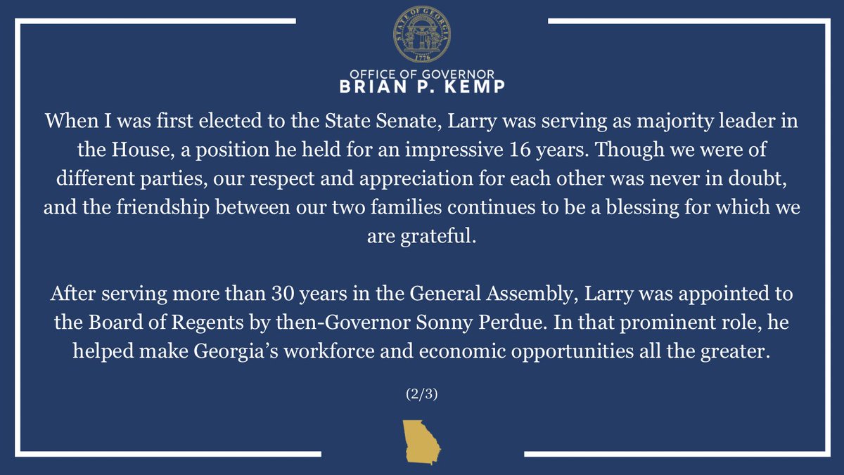 GovKemp's tweet photo. Marty, the girls, and I are truly saddened to learn of the passing of a great Georgian, a dedicated public servant, a Damn Good Dawg, and a valued friend today – Larry Walker, Jr. https://t.co/zHOuciDuXS