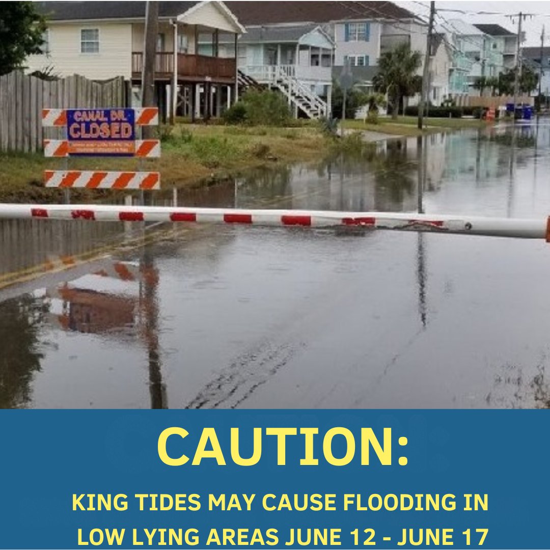 CBTownHall's tweet photo. King Tides are expected to begin this weekend on Friday, June 12th, lasting through Wednesday, June 17th.  A super new moon will occur during this time, increasing the possibility of flooding on roads and other low lying areas. Locations most often affected include Canal Drive, Florida Avenue, Carolina Beach Avenue North, and other low-lying areas.

Town officials may close roads due to flooding. Please use caution and obey traffic signs and barriers. Avoid walking or driving in flooded areas; salt water can be detrimental to your vehicle and could contain debris. Carolina Beach Police Officers will issue citations to anyone driving around barricades and through flooded areas.

Visithttps://sunnydayflooding.com/nckingtides/calendar/ for more information on King Tides.