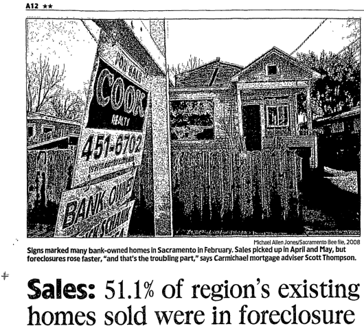 SacAppraiser's tweet photo. Throwback to a headline from June 2008 in the Sacramento Bee. By the first quarter of 2009, 67.9% of sales in the region were bank-owned and 12.4% of sales were short sales. In all, this means 80.3% of sales on MLS were reported as distressed. Crazy, right?? https://t.co/YsxRXTXtSQ
