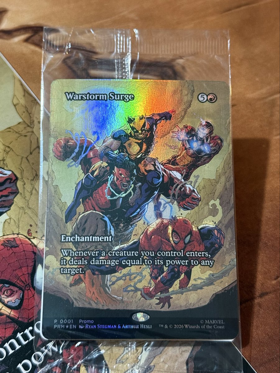 cardplunder's tweet photo. Check out this Marvel Super Heroes promo card from Avengers: Armageddon #1!

The sealed foil promo with art by Ryan Stegman is included in each copy of the book including variants! #MTGxMarvel #MTG https://t.co/O1gz1Pi3tN