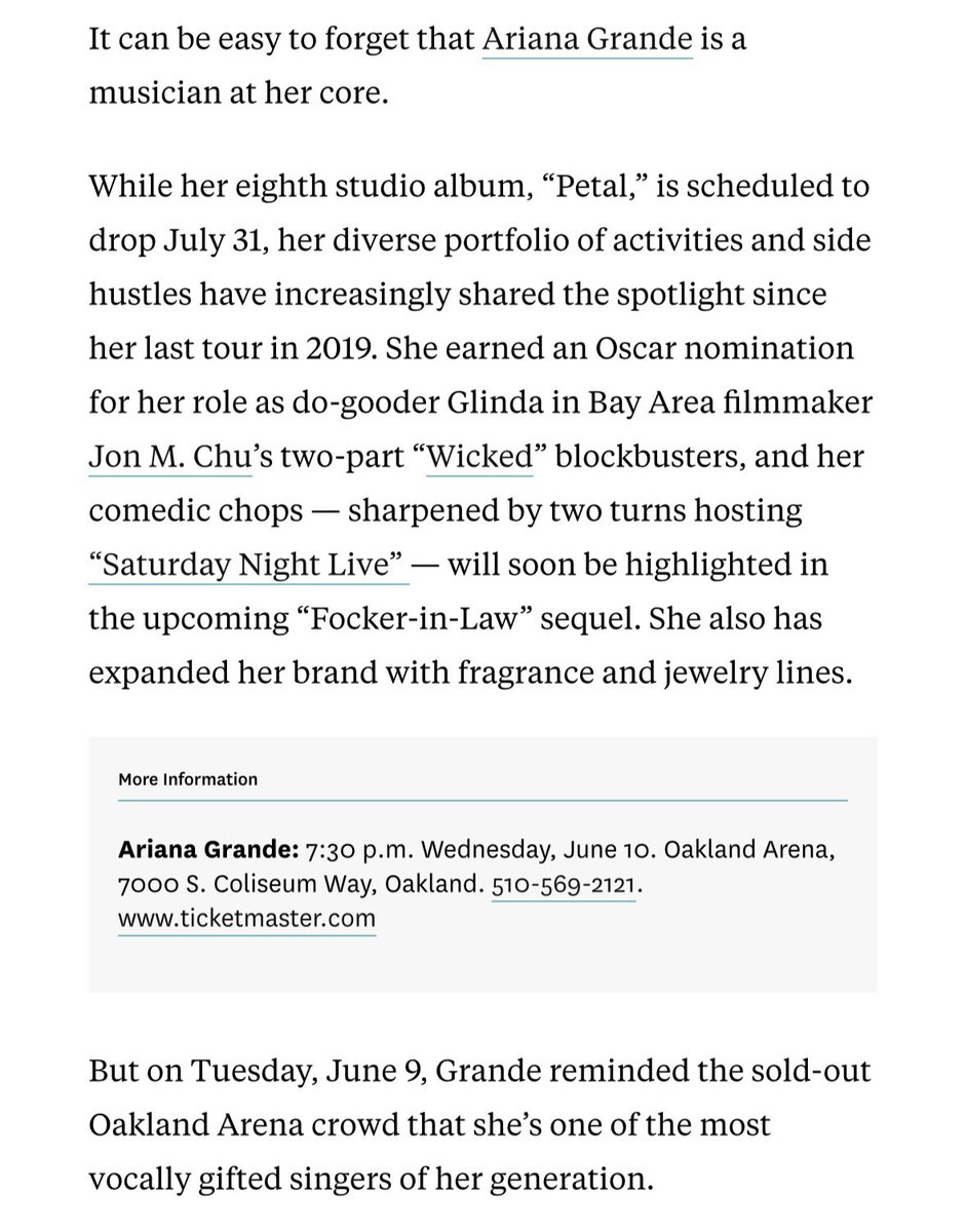 ArianaGonCharts's tweet photo. “As vezes é fácil esquecer que Ariana Grande é uma musicista pura devido sua versatilidade. Mas ela relembrou o mundo que é uma das maiores vocalistas da geração. Se ela queria mostrar que anda com a gente, ela falhou, a turnê mostra que Grande não é desse mundo.” @sfchronicle https://t.co/F5tkXZiwpf