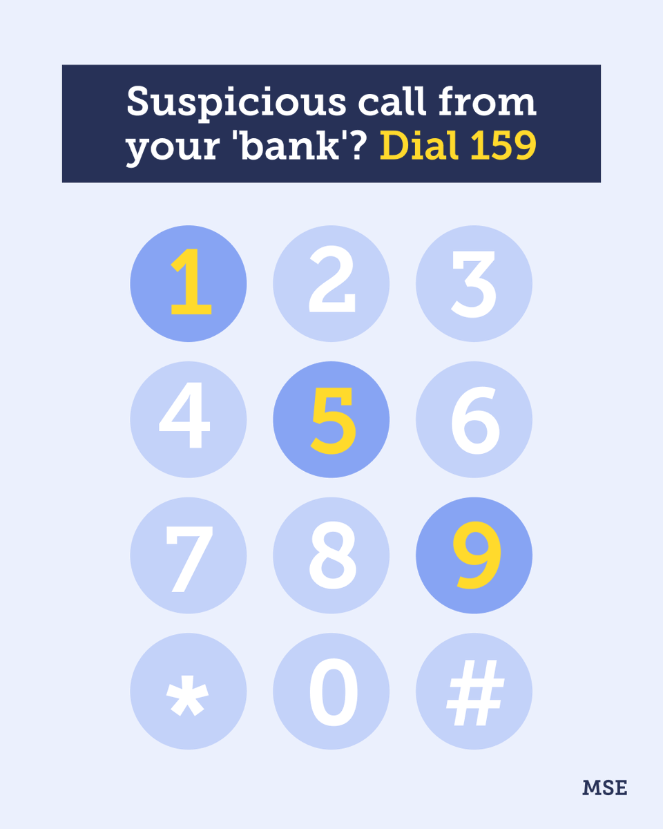 MoneySavingExp's tweet photo. If you receive a call from your 'bank' that you think doesn't feel quite right, hang up immediately and dial 159. ☎️

You'll then be connected directly to your actual bank, which should be able to advise whether the call you received was genuine or not! https://t.co/CFHMMiQkFc