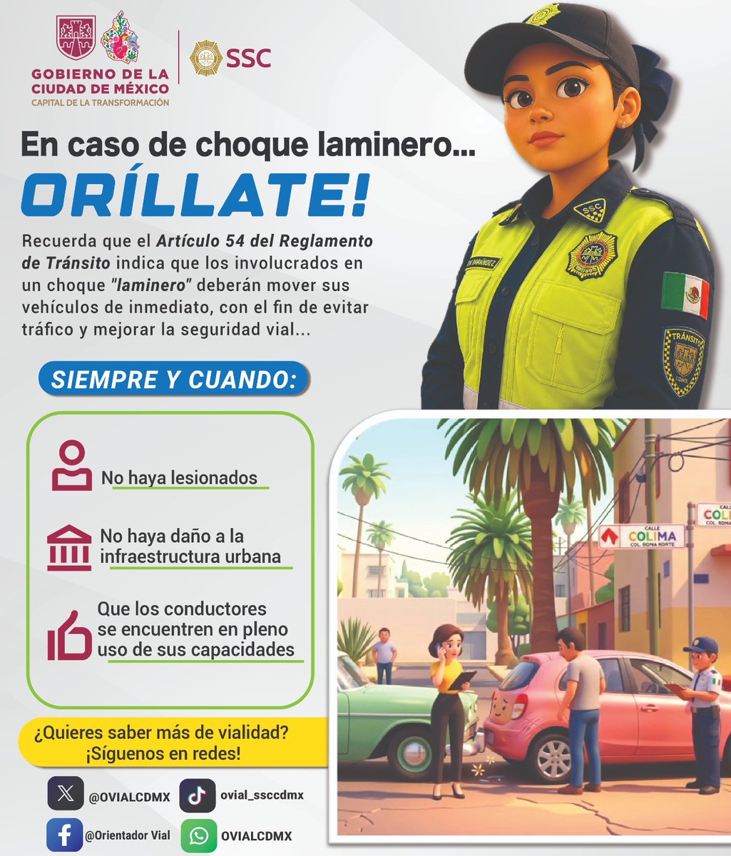 SSC_CDMX's tweet photo. #SeguridadVial | En caso de un #ChoqueLaminero, los conductores deben orillar sus vehículos para salvaguardar la integridad física de las personas y no obstruir las vialidades mientras esperan a sus seguros. 🚘⚠️
Así lo señala el artículo 54 del Reglamento de Tránsito de la Ciudad de México. ✅