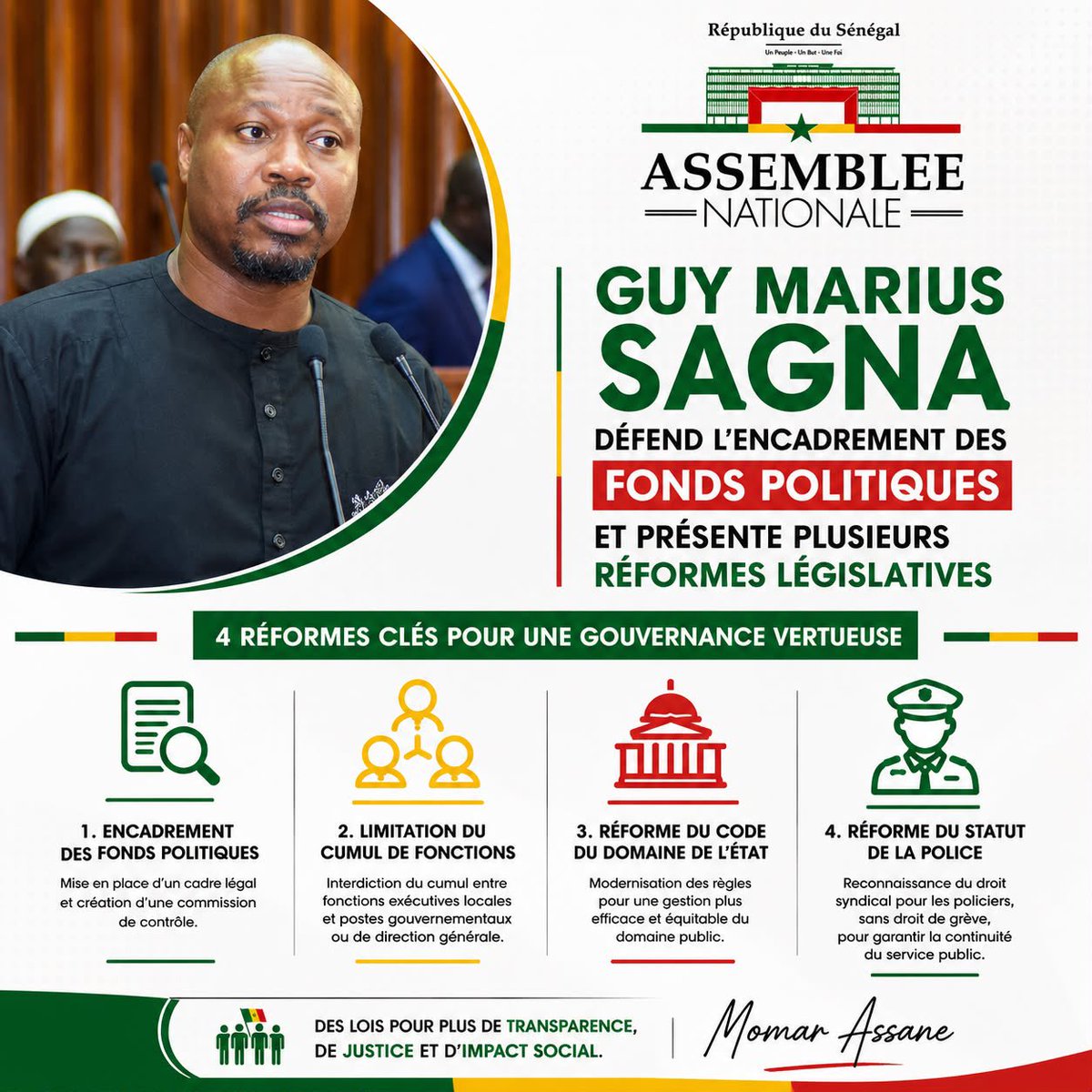 Noo_IDcard's tweet photo. ‼️ Réformes institutionnelles : 

Le député Guy Marius Sagna annonce plusieurs propositions de loi visant à renforcer la transparence et la gouvernance publique.

Parmi les mesures proposées :

✅ Encadrement des fonds politiques et création d’une commission de contrôle ;

✅ Interdiction de certains cumuls de fonctions entre exécutifs territoriaux et postes gouvernementaux ;

✅ Réforme du Code du domaine de l’État ;

✅ Reconnaissance encadrée du droit syndical pour les policiers, sans droit de grève.

Ces textes seront soumis à l’examen du groupe parlementaire avant leur éventuel parcours législatif.

Source RTS Officiel
