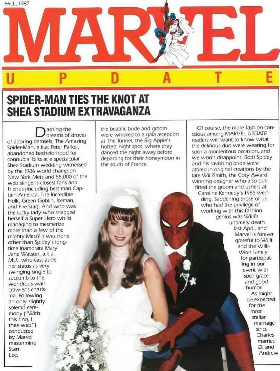 historyinmemes's tweet photo. In June 1987, Marvel staged an extraordinary live-action event at Shea Stadium to celebrate the wedding of Peter Parker and Mary Jane Watson. Taking place just before a New York Mets game, the ceremony was held at home plate and was officiated by legendary Marvel creator Stan Lee, bringing one of comics’ most famous romances into the real world.

The celebration featured actors in full costume, with Captain America serving as Spider-Man’s best man while the Green Goblin added a dose of villainous chaos. Mary Jane’s wedding dress was specially designed by renowned fashion designer Willi Smith. Timed to coincide with the release of The Amazing Spider-Man Annual #21, the spectacle became one of the most iconic and ambitious promotional events in comic book history.