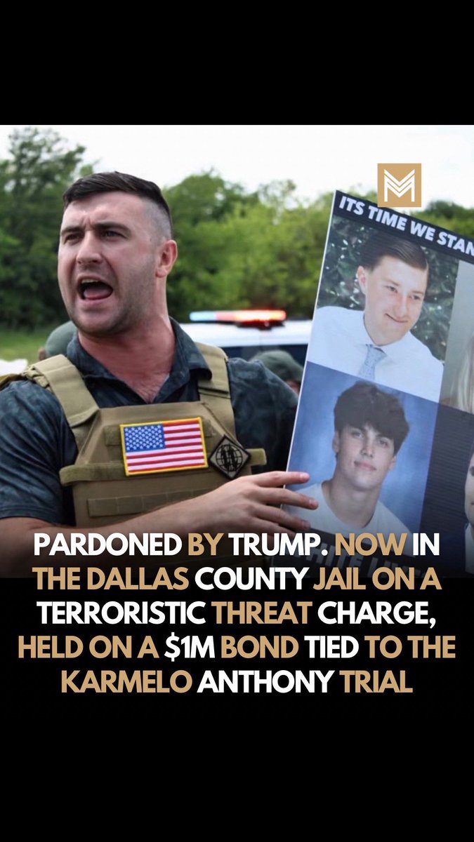 LeeMerrittesq's tweet photo. Jake Lang is a January 6 rioter who was previously pardoned by Donald Trump. He came to North Texas during the Karmelo Anthony murder trial and positioned himself outside the courthouse in support of the prosecuting family.

According to authorities, Lang is now in the Dallas County Jail on a terroristic threat charge, held on a $1 million bond tied to this case. He is accused of making violent threats during the trial and using racist language while targeting Karmelo Anthony and his supporters.

Racial slurs and threats have no place in our courts or our communities. Karmelo Anthony and his family deserve safety and a fair process free from intimidation.

🎥: @somethingblackmade