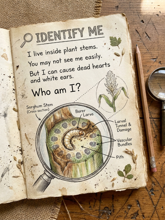 AnkaPujitha_S's tweet photo. 🔍 IDENTIFY ME
I live inside plant stems.
You may not see me easily.
But I can cause dead hearts and white ears.
Who am I? 🌾
A classic question for crop protection enthusiasts.
#pujithaentomology #Entosphere #Agritej
#StemBorer
#Sorghum
#CropProtection
#PestManagement https://t.co/7QZMONsiku